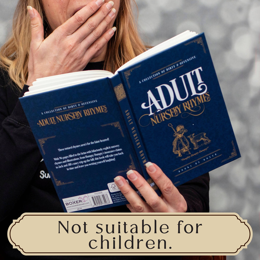 Book titled 'Adult Nursery Rhymes' held by a person with a warning label at the bottom.