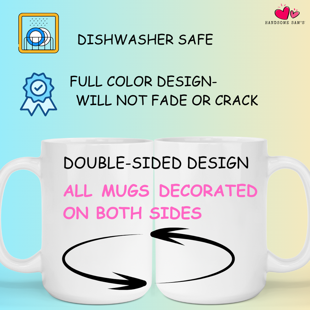White mug with text and design on a gradient background