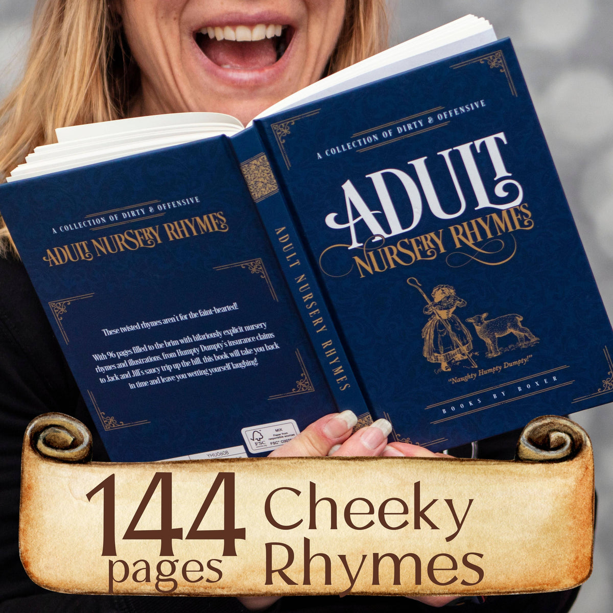 Two copies of 'Adult Nursery Rhymes' book held by a person with a humorous description.