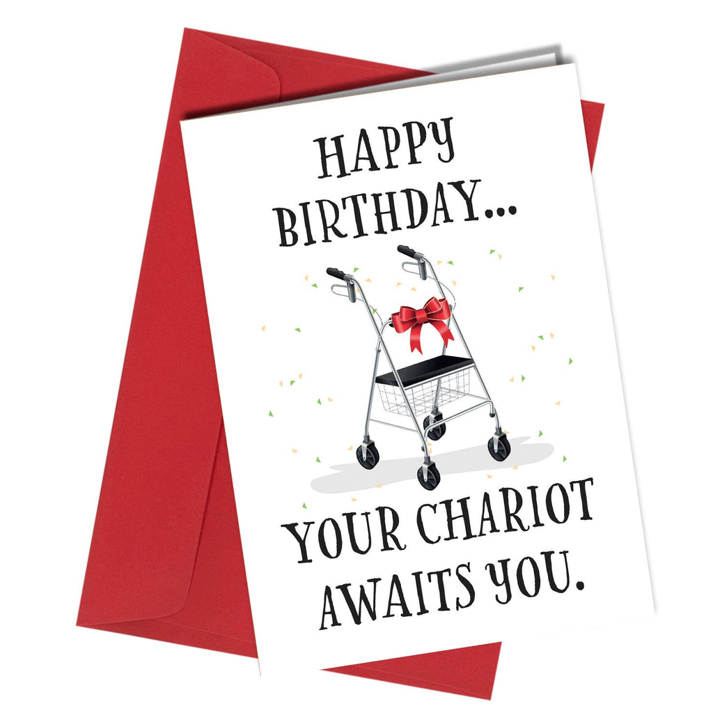 Birthday card with a shopping cart and bow graphic, featuring a red envelope.