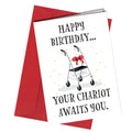 Birthday card with a shopping cart and bow graphic, featuring a red envelope.
