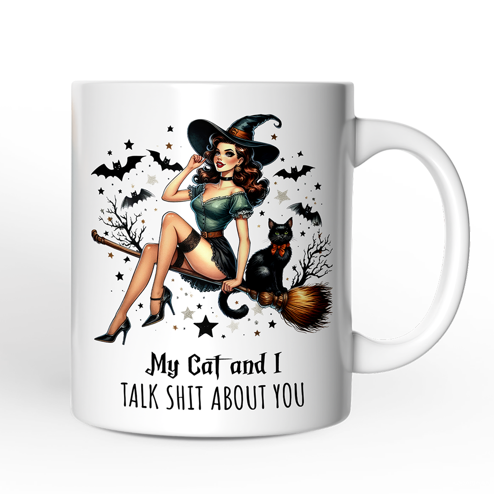 Mug with a witch and cat design and text on a white background