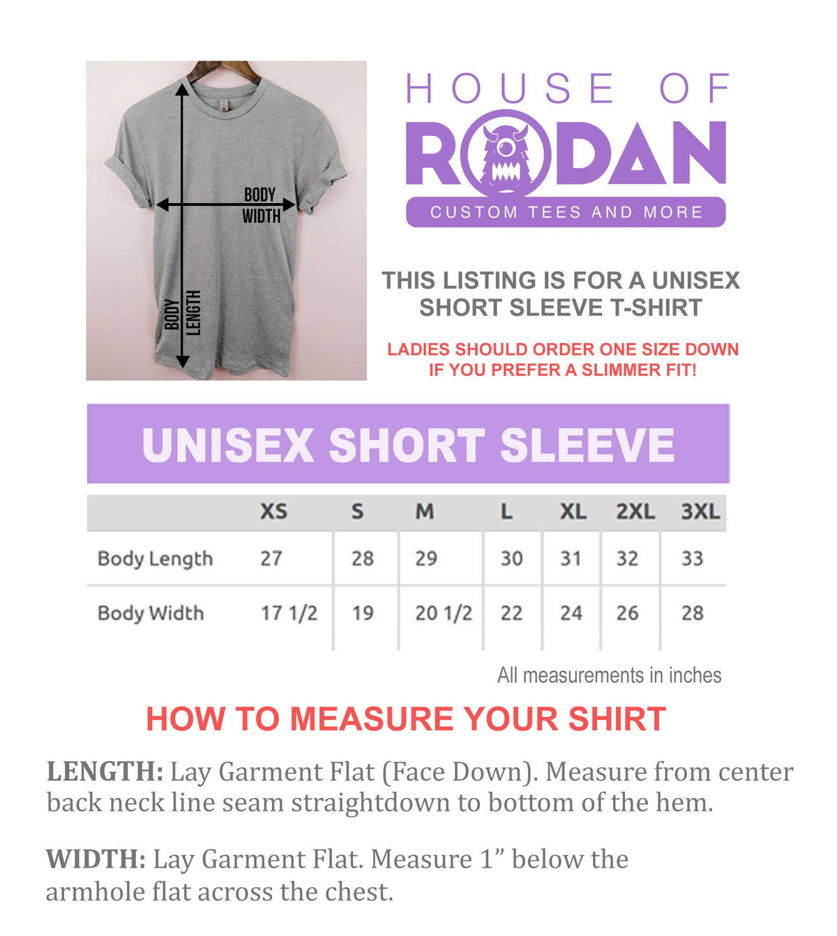 House of Rodan t-shirt measurement guide with gray t-shirt on a hanger