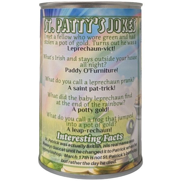 Can of St. Patrick's Day jokes with text and graphics on a white background