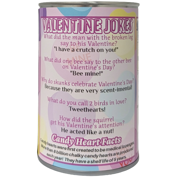 Valentine's Day themed candy can with jokes on a white background