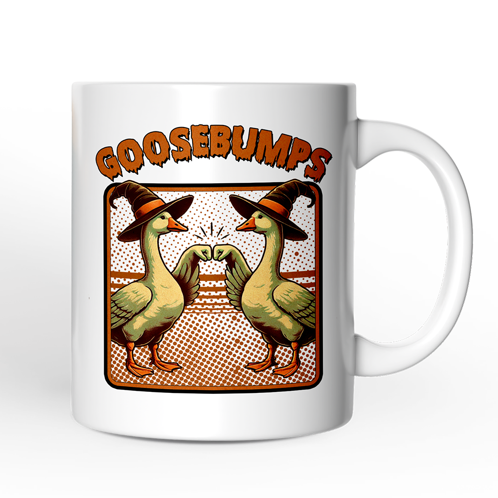 White mug with 'Goosebumps' design featuring two ducks in witch hats on a white background