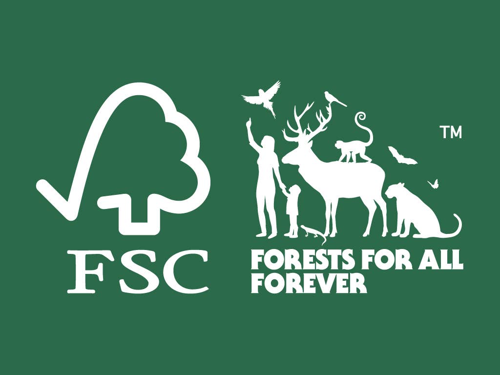 FSC logo with silhouettes of people and animals on a green background