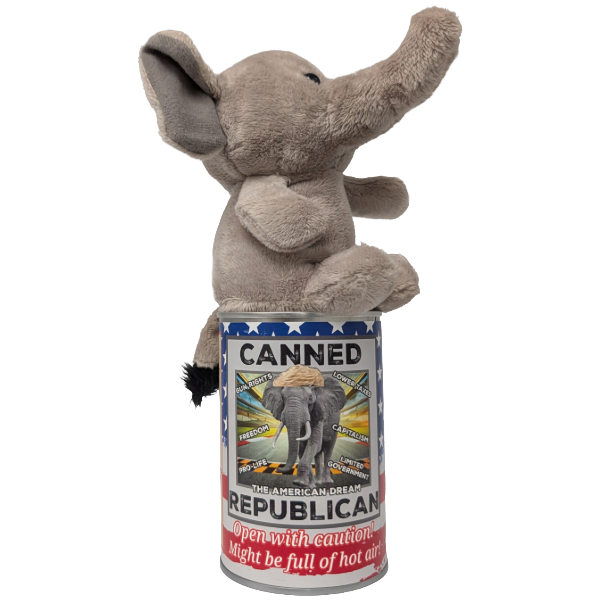 Plush elephant toy sitting on a can labeled 'Canned Republican'