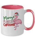 Mug with a pink flamingo design and 'Merry Flocking Christmas' text on a white background