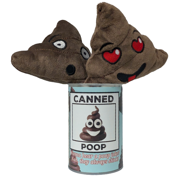 Plush poop emoji toys with a can labeled 'Canned Poop' on a white background