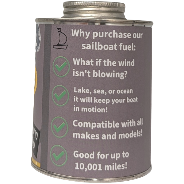 A cylindrical metal can of sailboat fuel with a dark gray label featuring white text and green checkmark icons, shown on a plain white background.