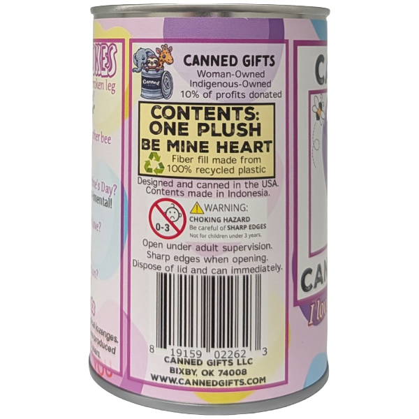 Canned gift with a plush toy inside, featuring branding and product details on the label.