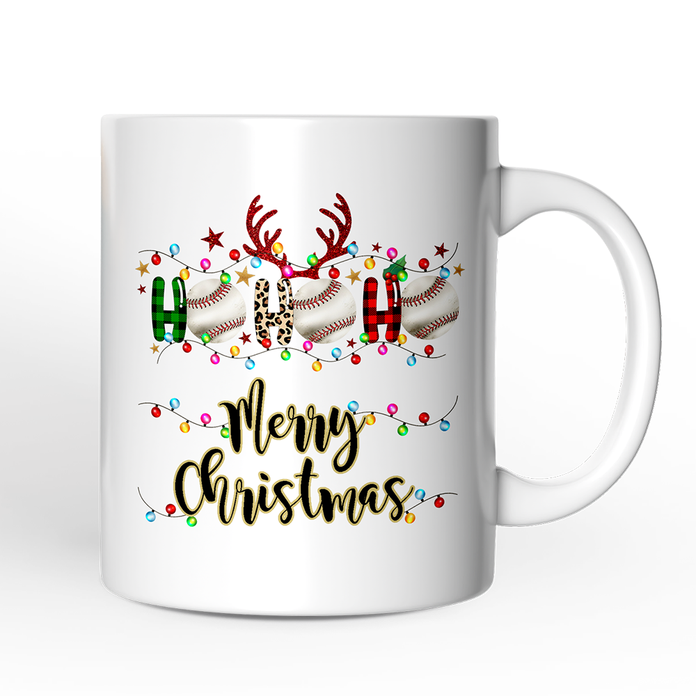 White mug with Christmas-themed design featuring reindeer, presents, and lights on a white background