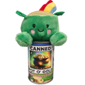 Green plush toy with rainbow hair on a can labeled 'Canned Pot O' Gold' for St. Patrick's Day.