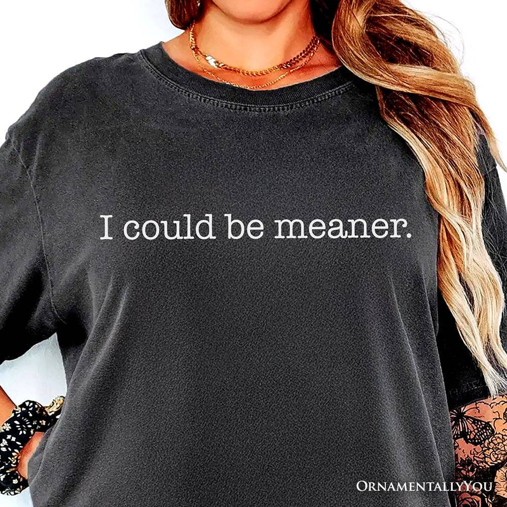 Person wearing a black sweatshirt with 'I could be meaner.' text, brand 'ORNAMENTALLLYYOU' visible.