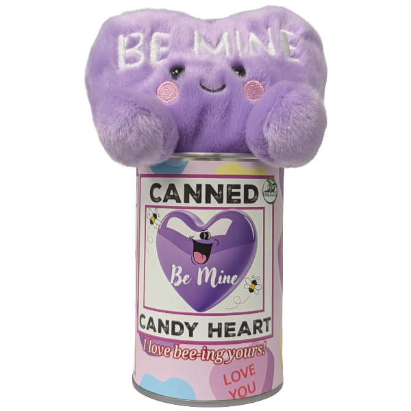 Plush toy shaped like a candy heart with 'Be Mine' text on top of a can labeled 'Canned Candy Heart'.