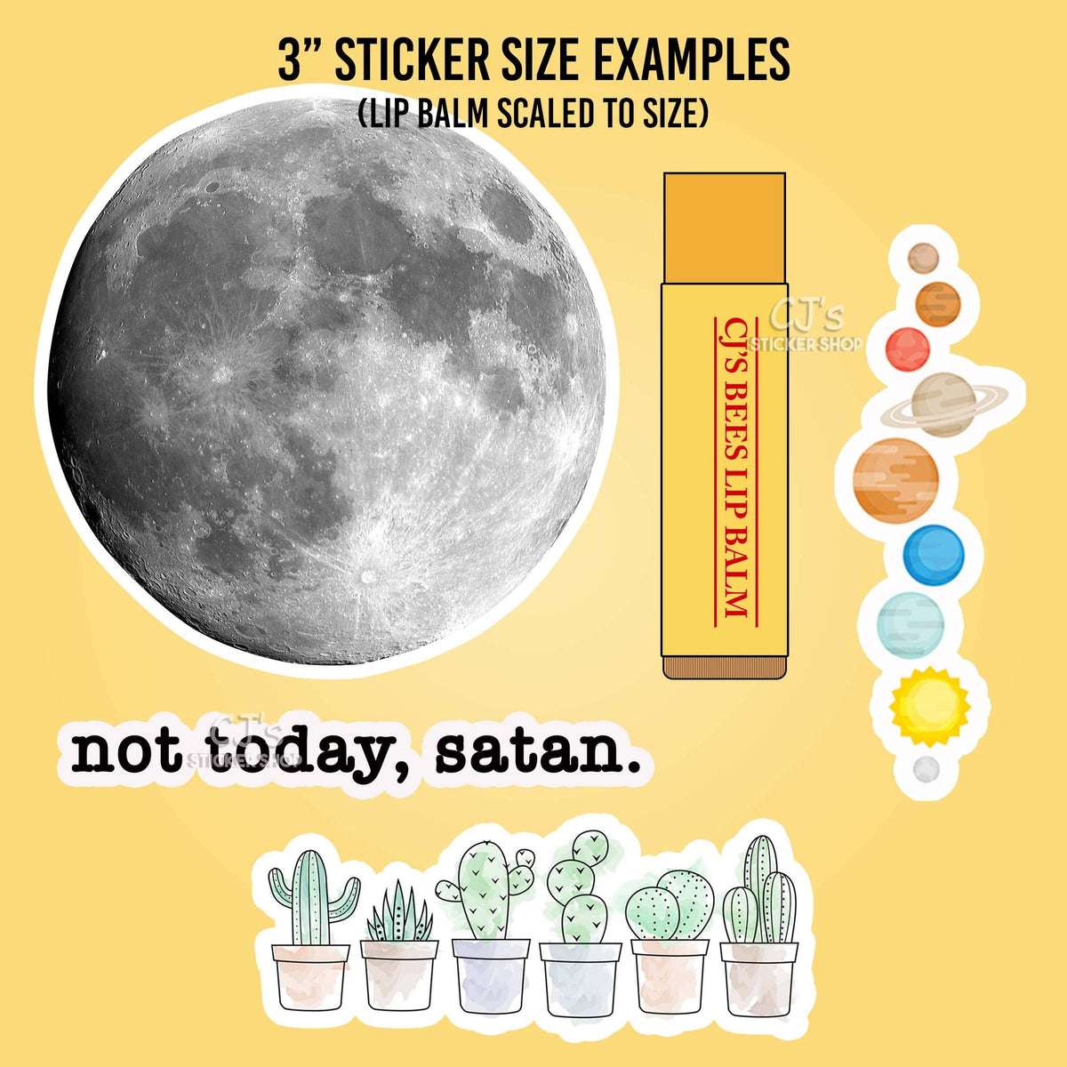 Comparison of 3-inch sticker size examples on a yellow background, including a moon, lip balm, and cactus illustrations.