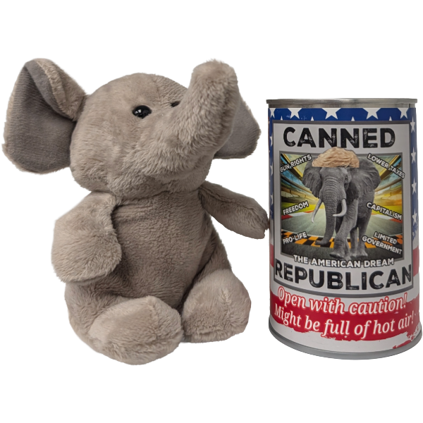 Plush elephant toy next to a can labeled 'Canned Republican' on a white background