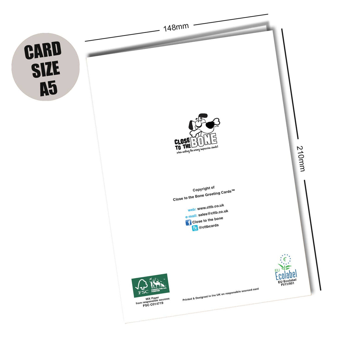 A5 card with branding and size measurements on a white background