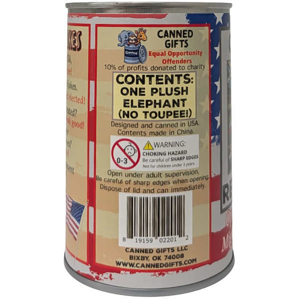 Canned gift with elephant plush toy on a white background