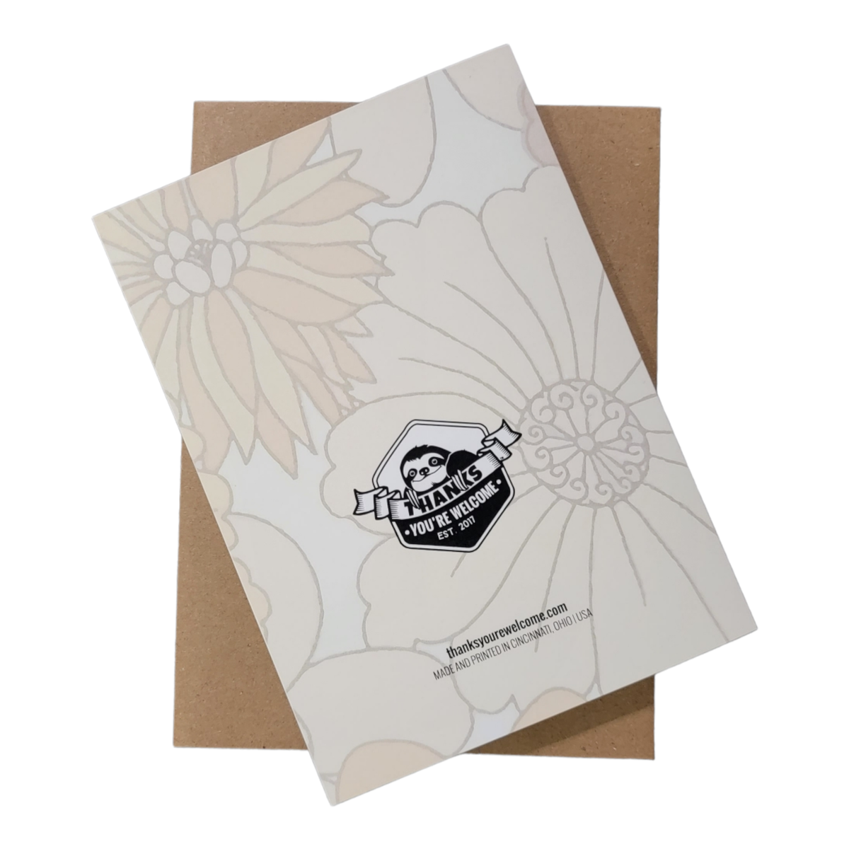 Greeting card with floral design and a logo on a white background