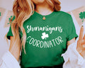 Person wearing a green t-shirt with 'Shenanigans Coordinator' text and shamrock design.