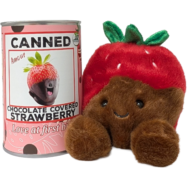 Plush toy resembling a chocolate-covered strawberry next to a can labeled 'Canned Chocolate Covered Strawberry'.