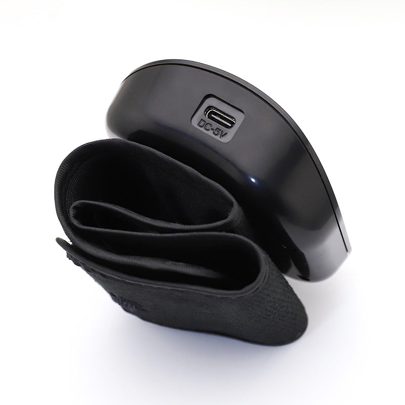 Black wireless earbud case with charging port on a white background