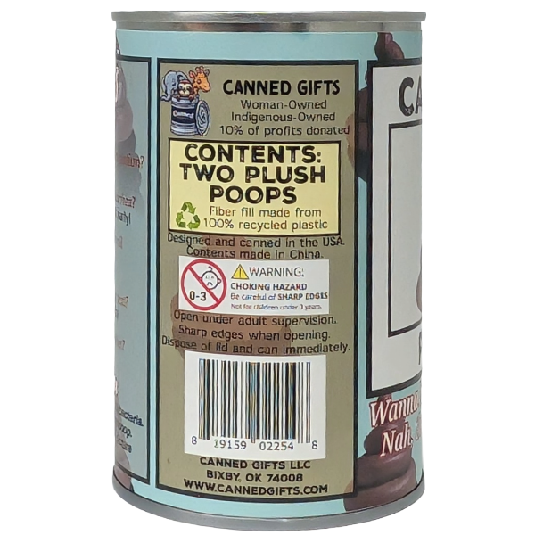 Can labeled 'Canned Gifts' with humorous text about plush toys inside, on a white background.