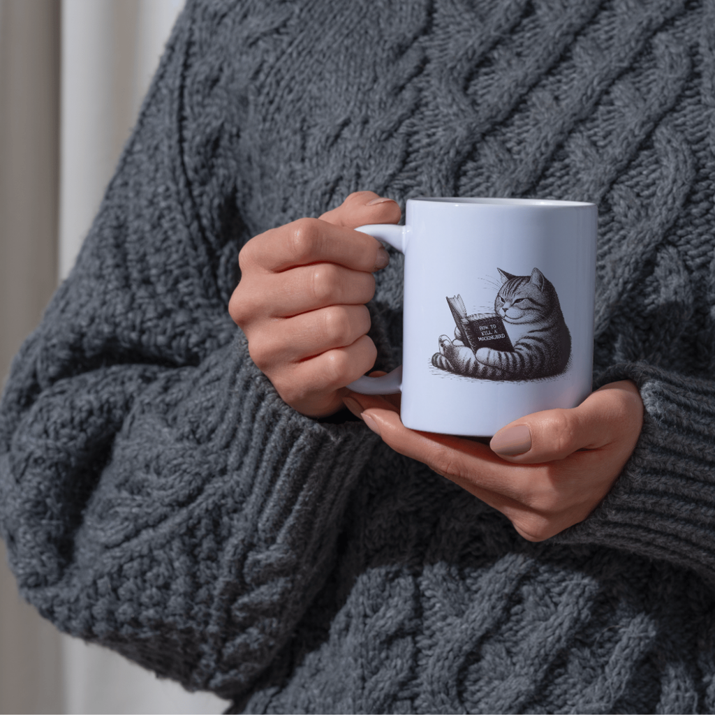 Person wearing a gray sweater holding a white mug with a cat design.