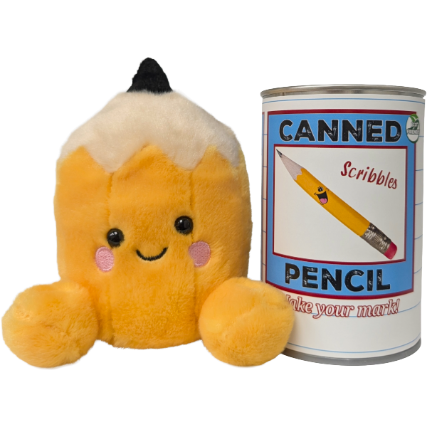 Plush pencil character next to a can labeled 'Canned Scribbles Pencil'.