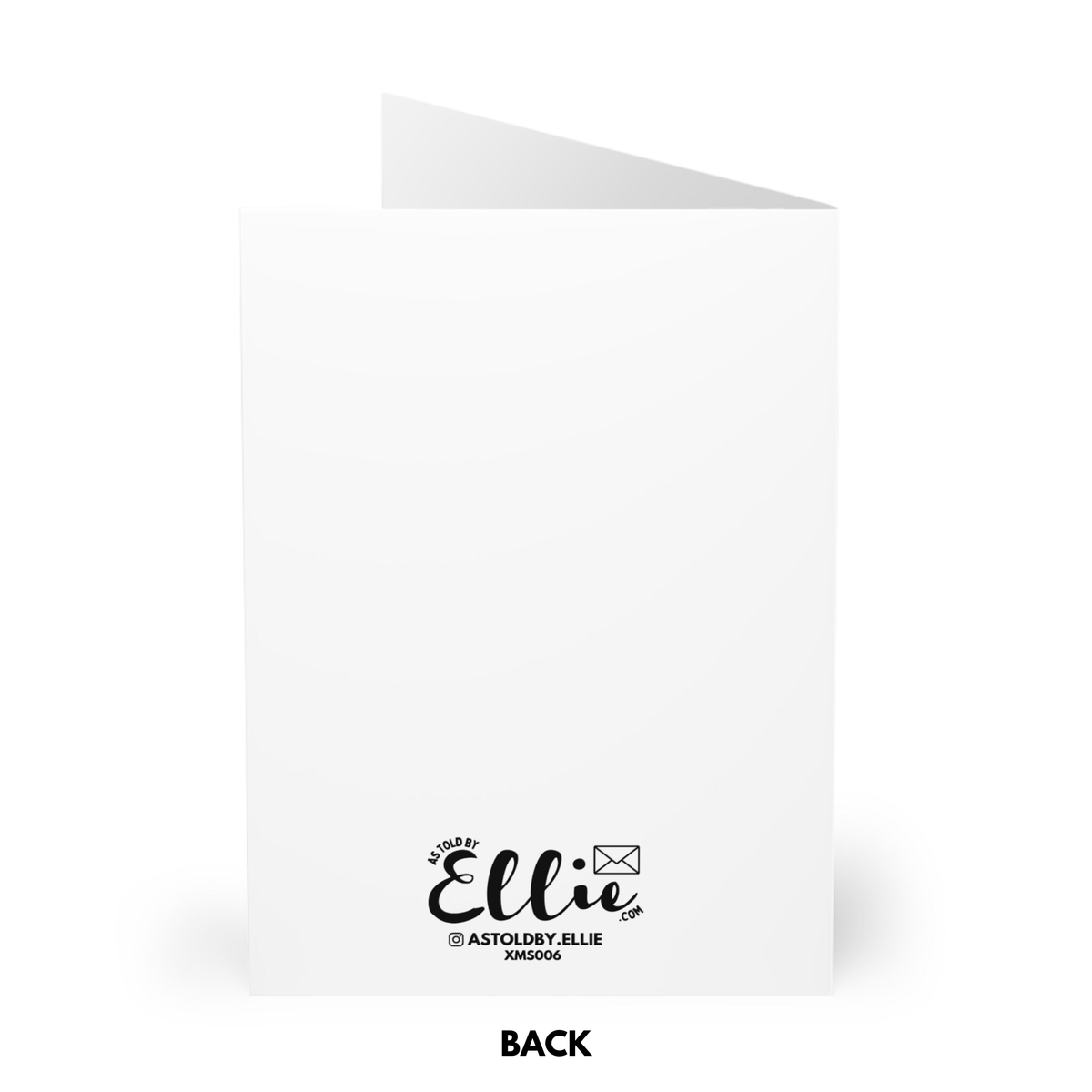 A white folded greeting card shown from the back on a clean white background, with a small black printed design near the bottom and the word BACK below it.