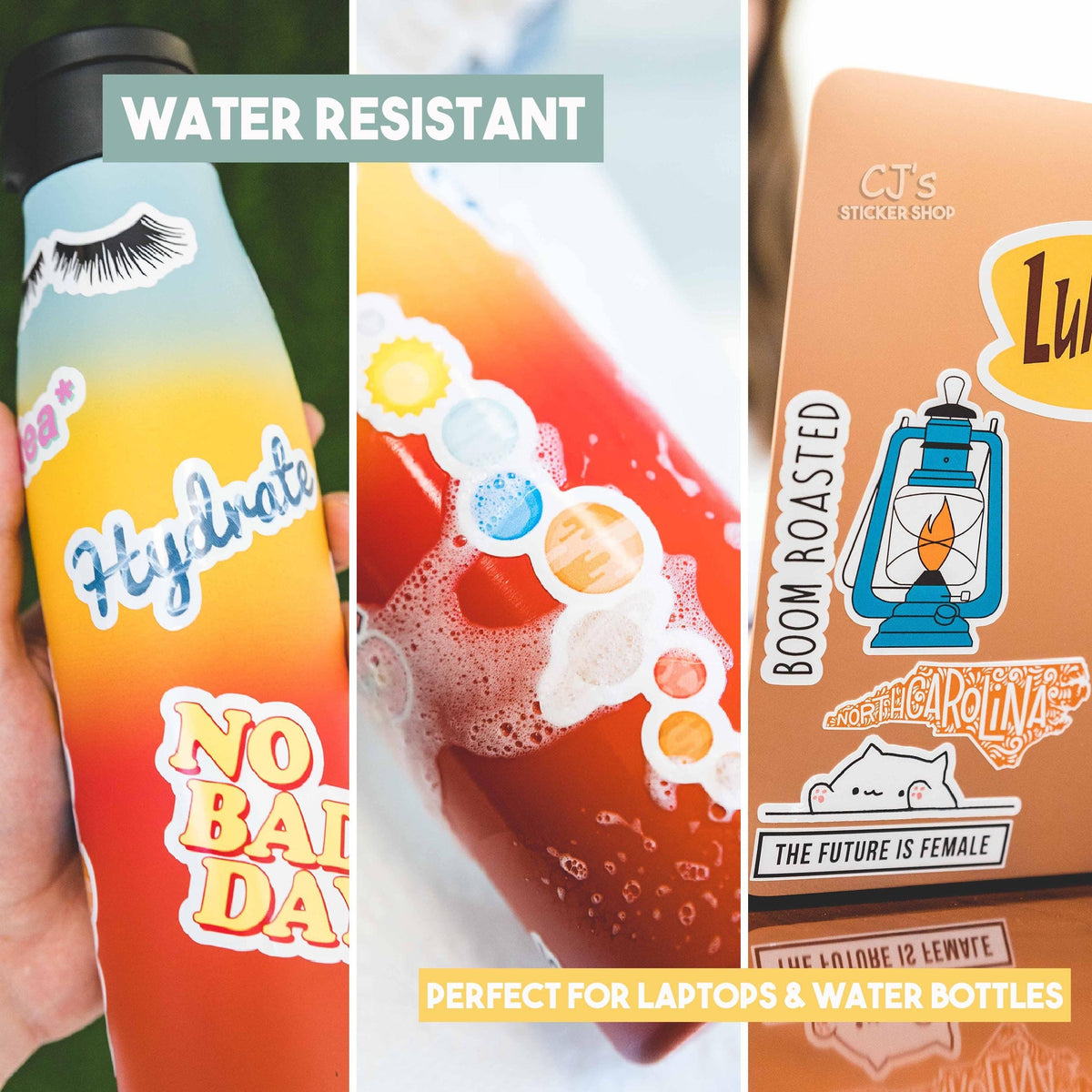 Colorful water bottle with 'Hydrate' and 'No Bad Day' text, close-up of soda with ice cubes, and a box with stickers.