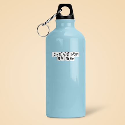 Light blue water bottle with black carabiner and motivational quote on beige background