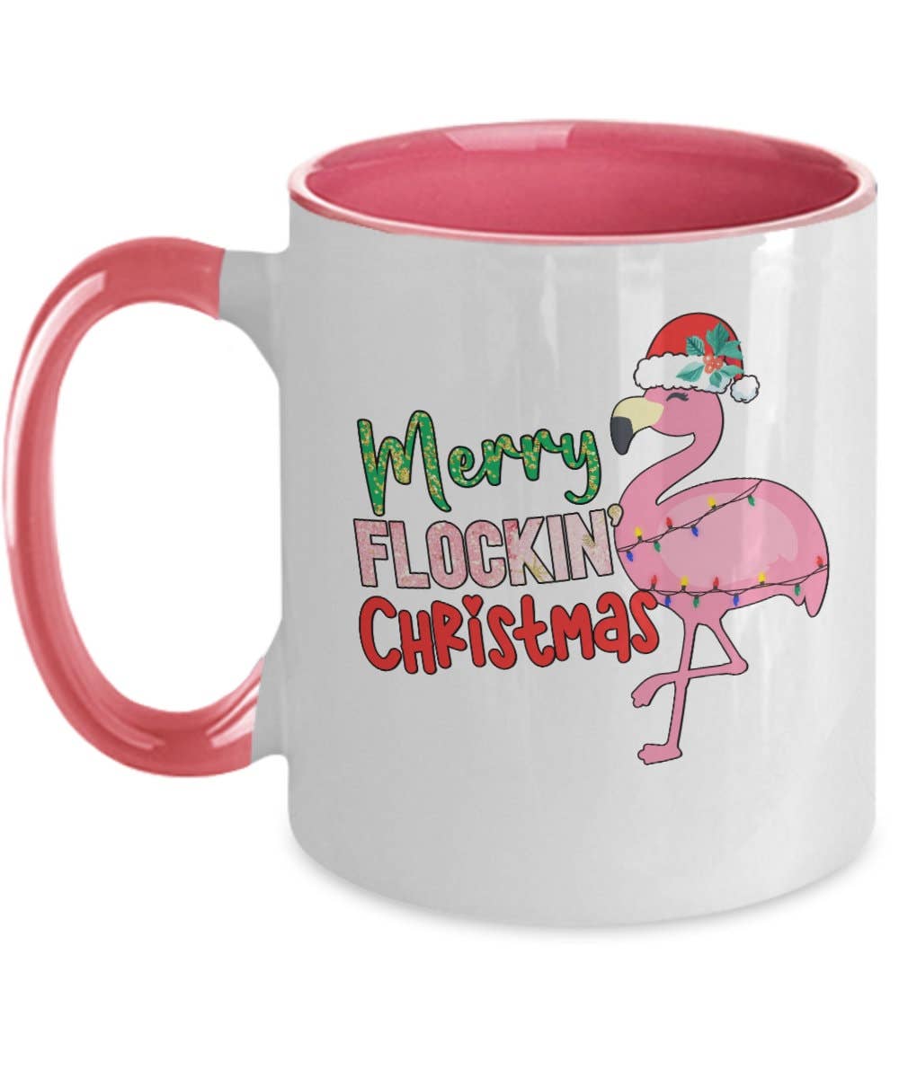 Mug with a flamingo design and Christmas text on a white background
