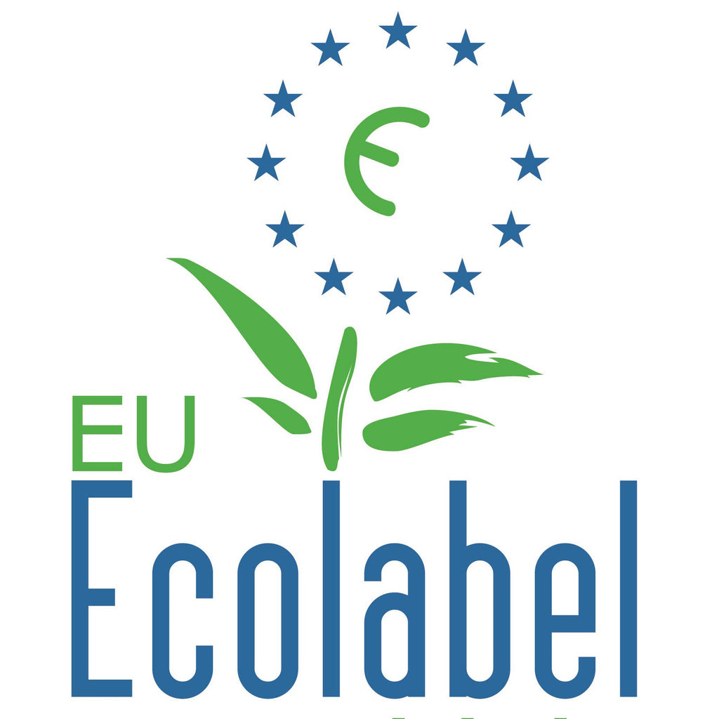 EU Ecolabel logo with green leaves, blue stars, and text on a white background
