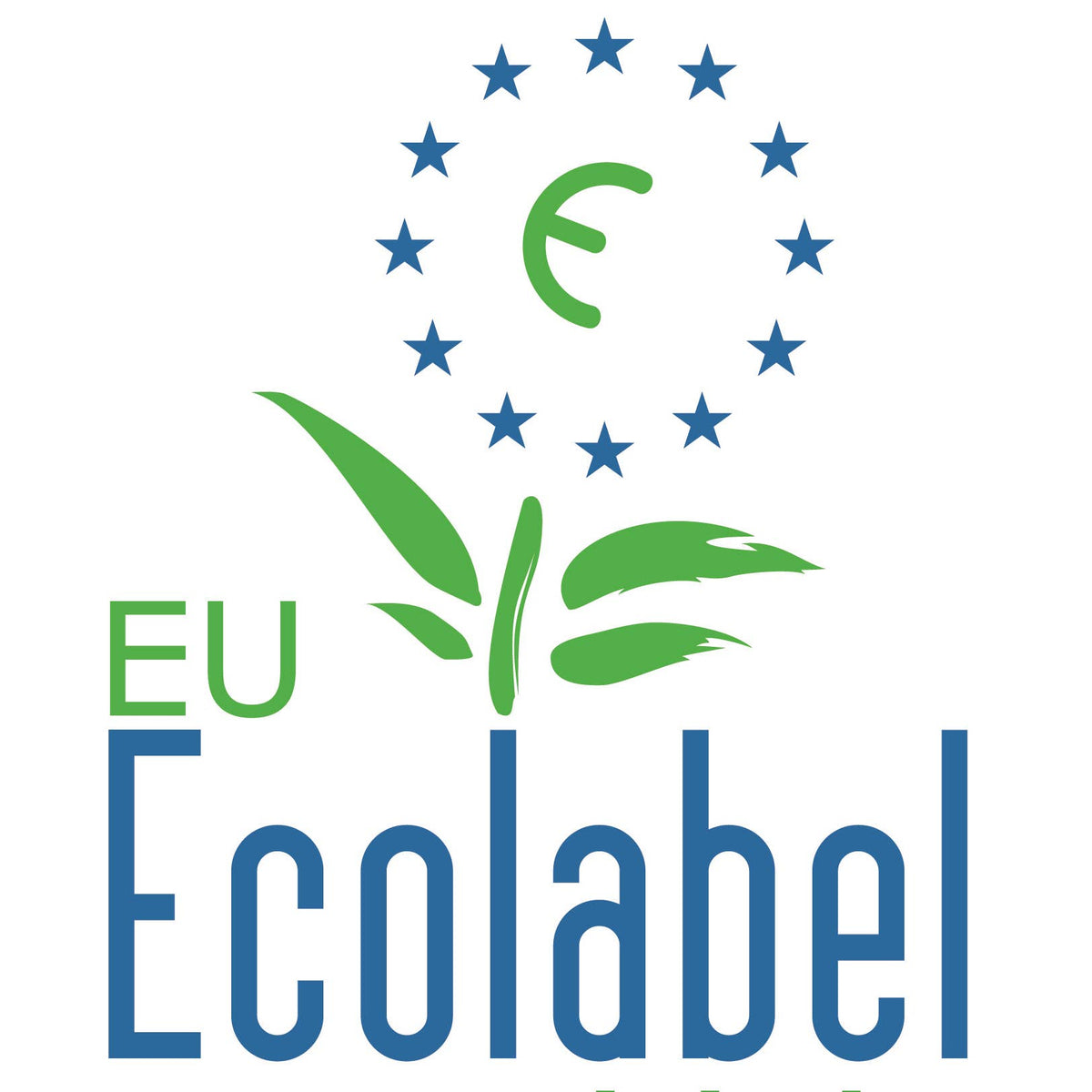 EU Ecolabel logo with green leaves, blue stars, and text on a white background