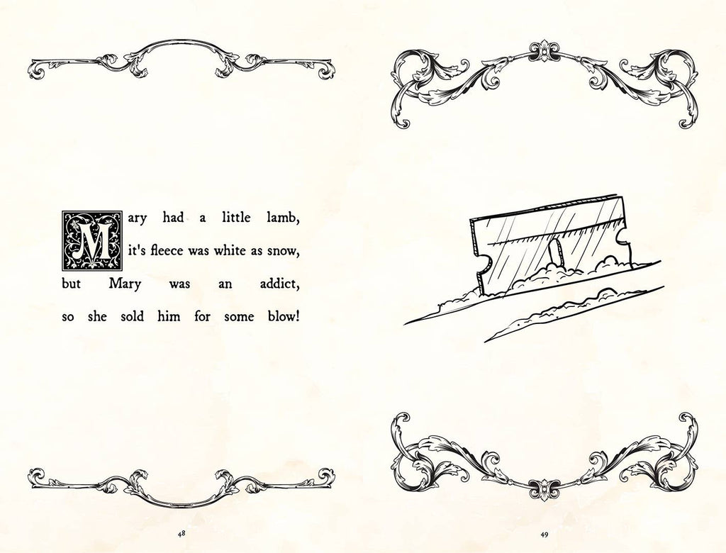 Page from a book with text and illustrations, including a lamb and decorative elements.