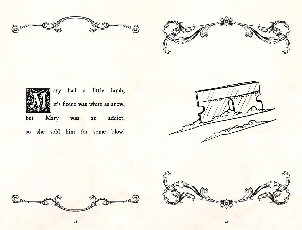 Page from a book with text and illustrations, including a lamb and decorative elements.