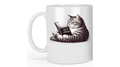White mug with a design of a cat reading a book titled 'How to Kill Yourself'.