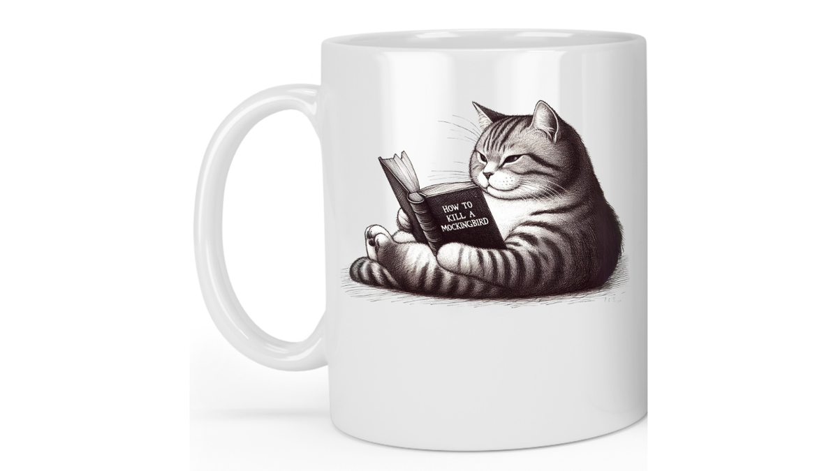 White mug with a design of a cat reading a book titled 'How to Kill Yourself'.