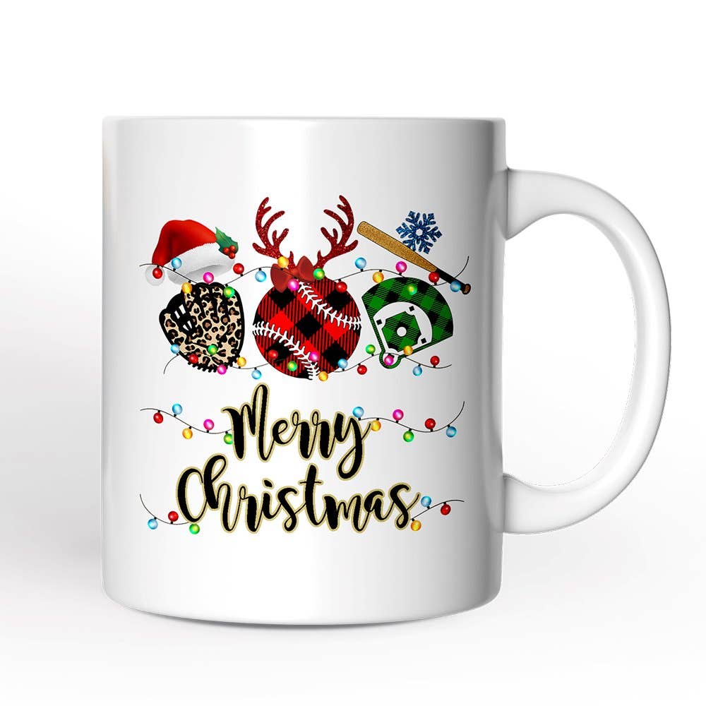 White mug with Christmas-themed design featuring reindeer, leopard print, plaid, and dice, with 'Merry Christmas' text.