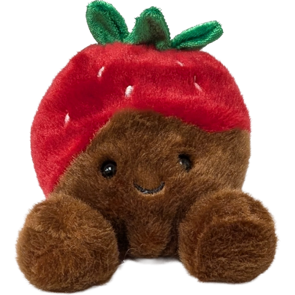 Plush toy shaped like a strawberry with a smiling face on a white background