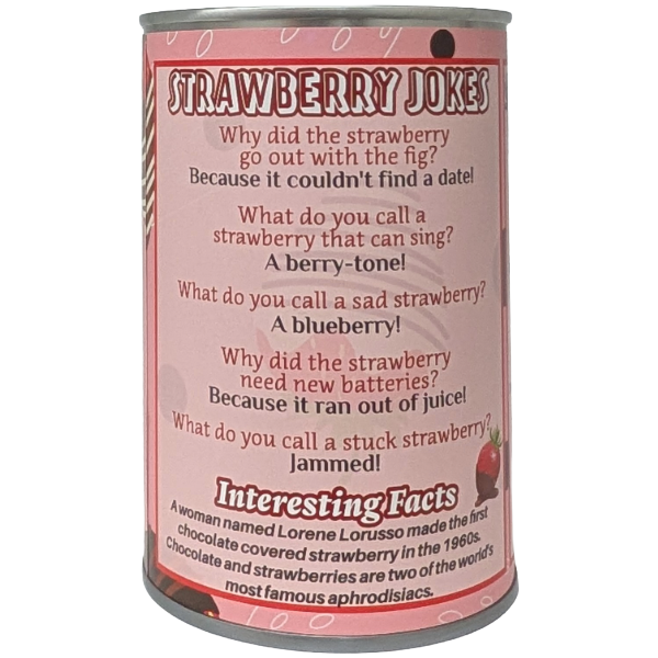 Can of strawberry jokes with humorous text on a white background